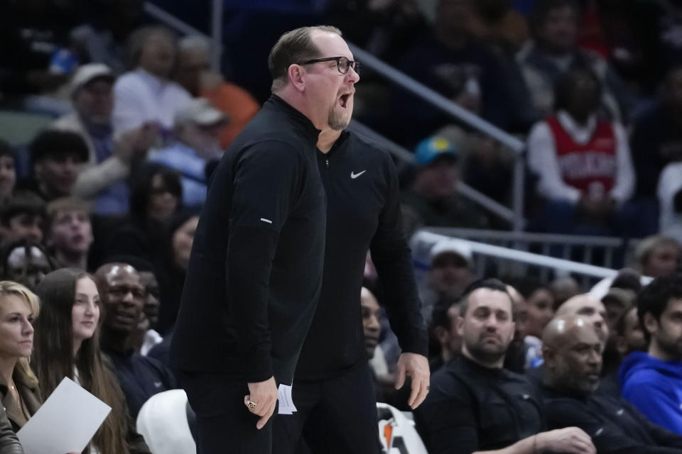 Philadelphia 76ers head coach Nick Nurse calls out from the bench in the first half of an NBA basketball game against the New Orleans Pelicans in New Orleans, Wednesday, Nov. 29, 2023. (AP Photo/Gerald Herbert)