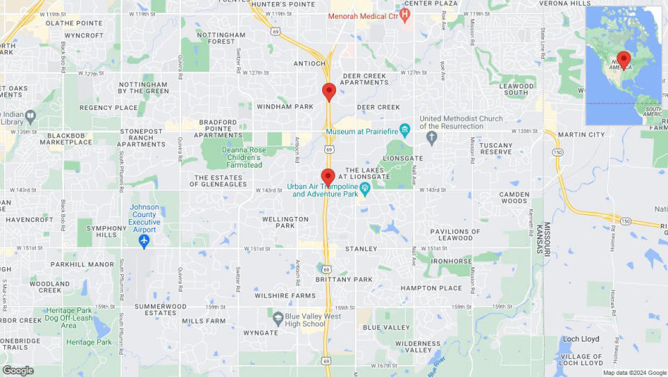 A detailed map that shows the affected road due to 'Lane on US-69 closed in Overland Park' on May 9th at 3:09 p.m.