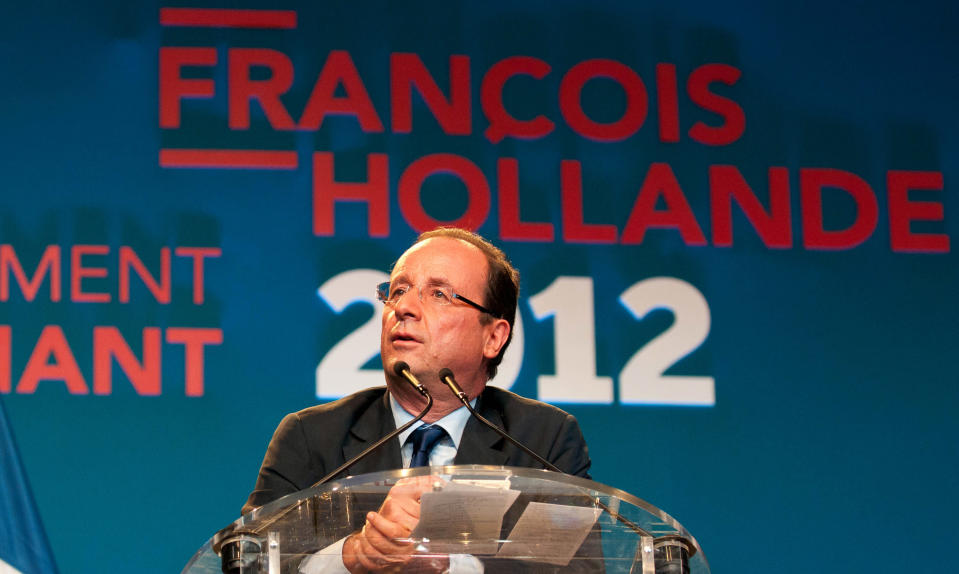 Socialist presidential candidate Francois Hollande delivers his speech during a meeting in Saint-Denis de la Reunion, La Reunion island, Saturday, March, 31, 2012. Hollande is on a two-day campaign visit to the French island in the Indian Ocean. (AP Photo/Fabrice Wislez)