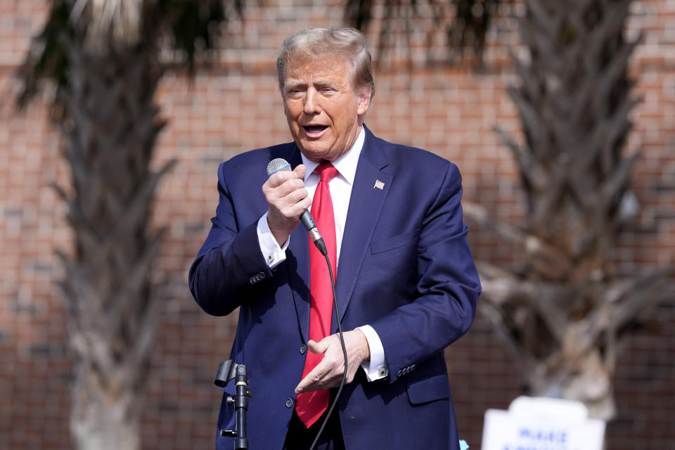 Republican presidential candidate former President Donald Trump speaks at a Get Out The Vote rally at Coastal Carolina University in Conway, S.C., Saturday, Feb. 10, 2024. (AP Photo/Manuel Balce Ceneta)