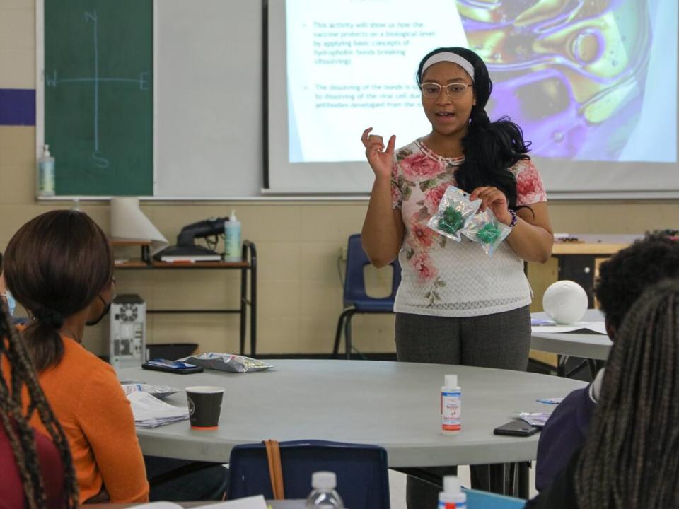 Haley Matthews is the project manager and lead developer of a Dalhousie University initiative that is educating young Nova Scotians about vaccines. So far, about 450 students have participated in the sessions. In this photo, she's shown at a session in Truro, N.S. (Submitted by Haley Matthews - image credit)