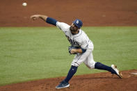 Tampa Bay Rays relief pitcher Andrew Kittredge delivers to New York Yankees' Giancarlo Stanton during the third inning of a baseball game Saturday, April 10, 2021, in St. Petersburg, Fla. (AP Photo/Chris O'Meara)