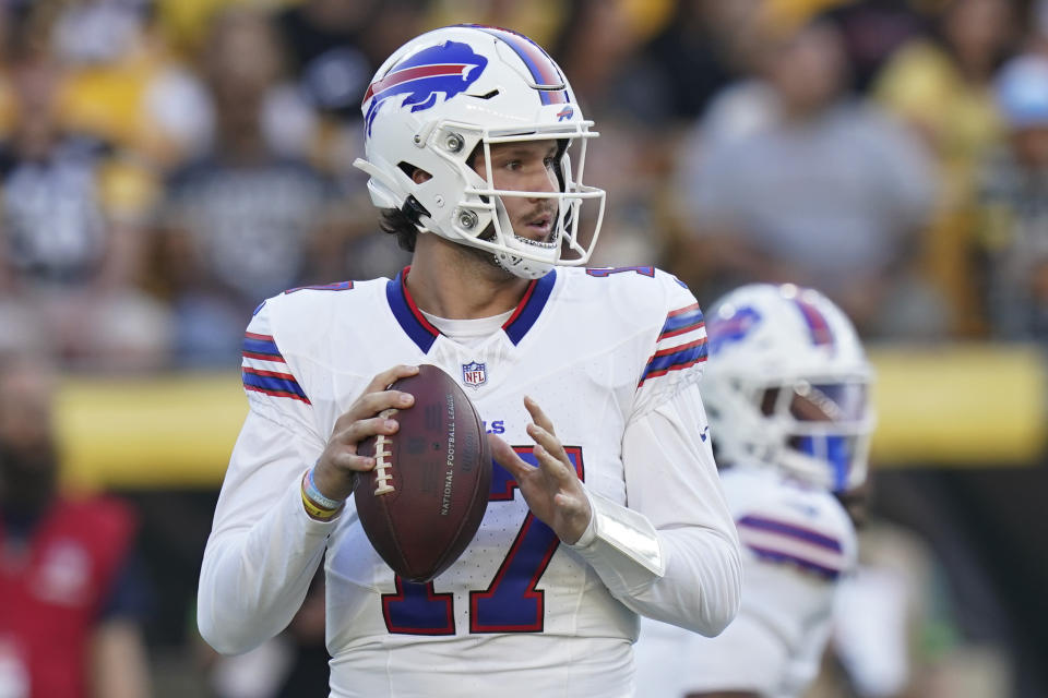Buffalo Bills quarterback Josh Allen (17) looks to pass in the first half of an NFL preseason football game against the Pittsburgh Steelers, in Pittsburgh, Saturday, Aug. 19, 2023. (AP Photo/Matt Freed)