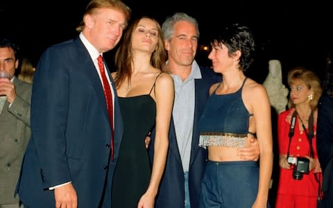 Donald Trump, Melania Trump, Jeffrey Epstein, and Ghislaine Maxwell at Mar-a-Lago club in 2000 - Credit: Davidoff Studios/Getty Images