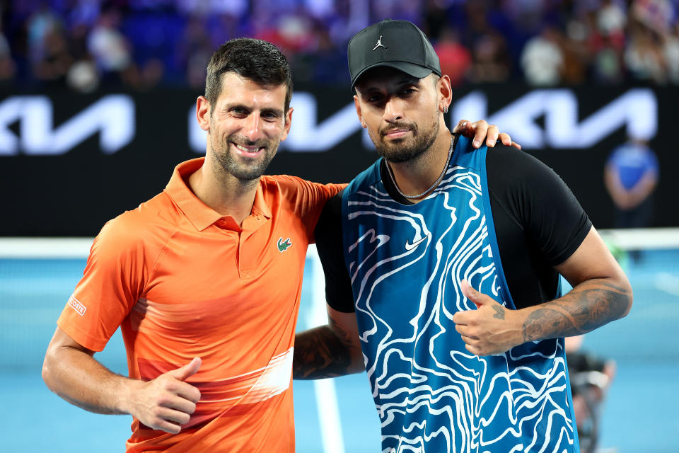 MELBOURNE, AUSTRALIA - JANUARY 13: Novak Djokovic of Serbia and Nick Kyrgios of Australia pose for a photo following their Arena Showdown charity match ahead of the 2023 Australian Open at Melbourne Park on January 13, 2023 in Melbourne, Australia. (Photo by Graham Denholm/Getty Images)