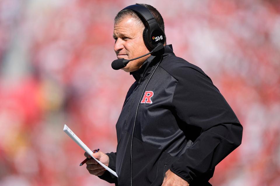 Oct 7, 2023; Madison, Wisconsin, USA; Rutgers Scarlet Knights head coach Greg Schiano looks on during the second quarter against the Wisconsin Badgers at Camp Randall Stadium. Mandatory Credit: Jeff Hanisch-USA TODAY Sports