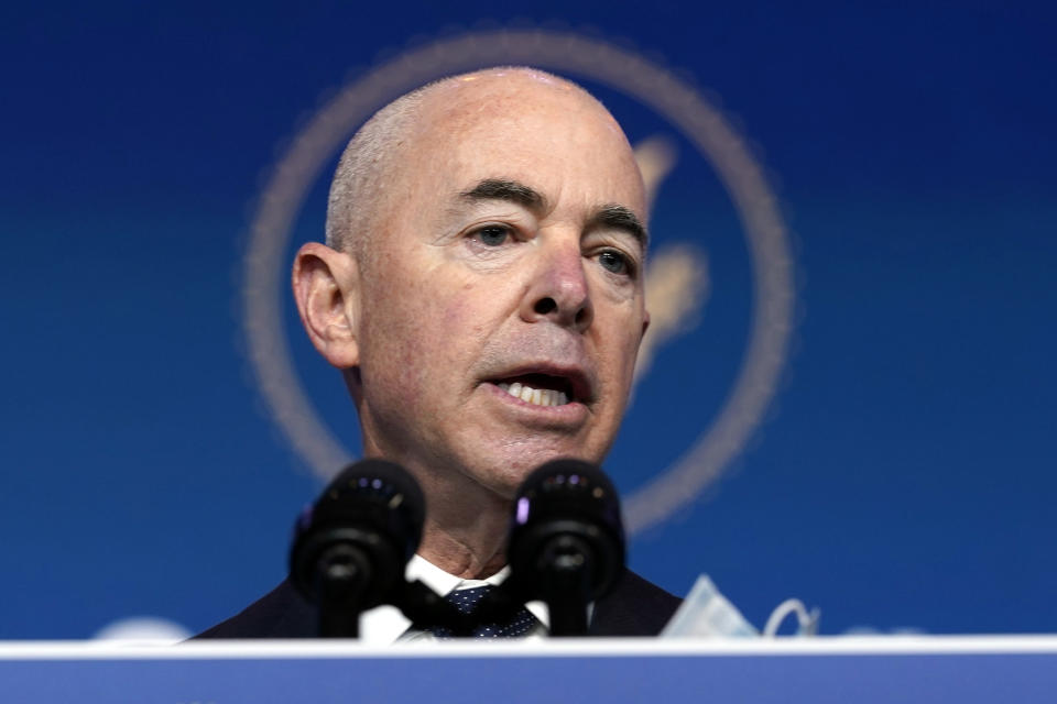 President-elect Joe Biden's Homeland Security Secretary nominee Alejandro Mayorkas speaks at The Queen theater, Tuesday, Nov. 24, 2020, in Wilmington, Del. (AP Photo/Carolyn Kaster)