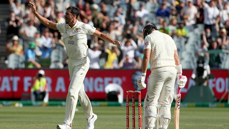 Mitchell Starc put England well and truly on the back foot in their second innings, taking two quick wickets late on day two of the Boxing Day Test. (Photo by HAMISH BLAIR/AFP via Getty Images)