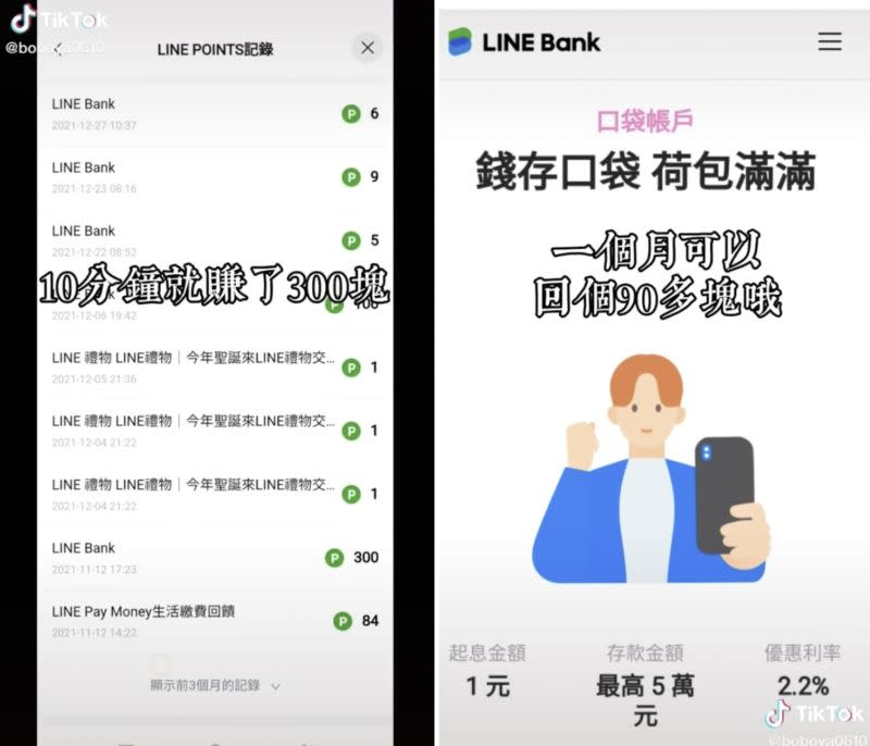▲網友近日發現LINE Bank的純網銀功能非常實用，且回饋趴數非常高，適合小資族。（圖/抖音＠boboya0610）