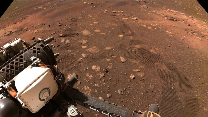 This photo made available by NASA was taken during the first drive of the Perseverance rover on Mars on March 4, 2021. A NASA rover on Mars by chance had its microphone on when a whirling tower of red dust passed overhead and caught the sound. Scientists released the first-of-its-kind audio Tuesday, Dec. 13, 2022.