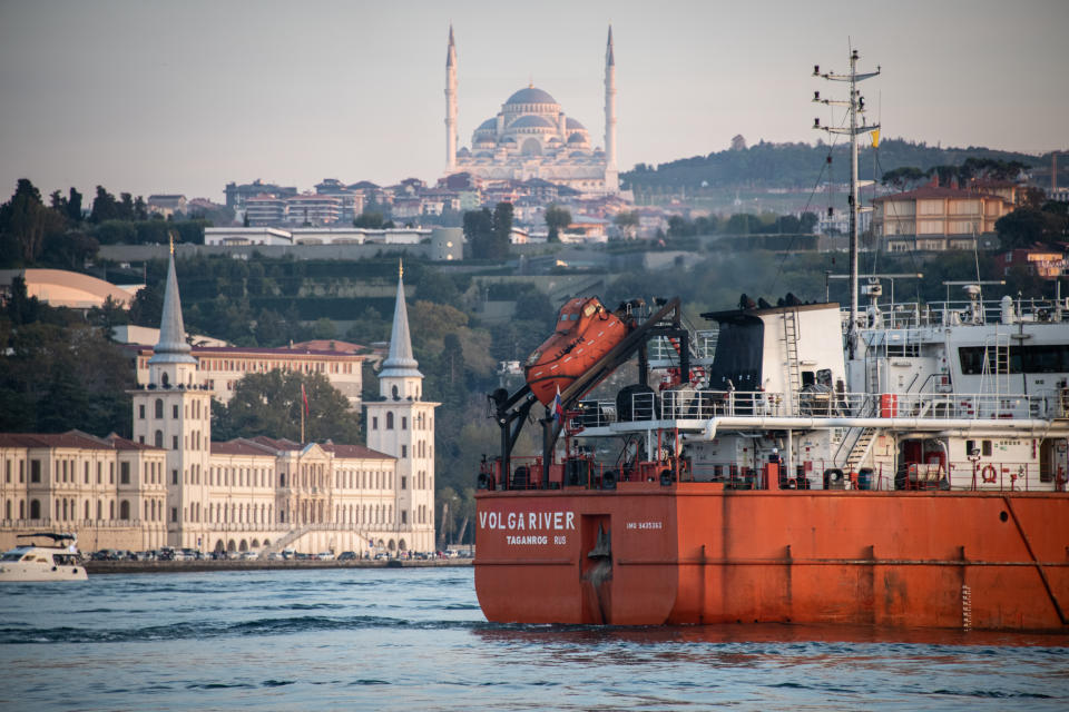 On 9 October 2022, cargo ships and vessels transited the Bosphorus Straits, a body of water connecting the Black Sea to the Marmara and Mediterranean Seas through Istanbul, Turkey. Above, the Russia-flagged vessel Volga River Taganrog oil tanker passes south through the Bosphorus Straits. (Photo by Diego Cupolo/NurPhoto via Getty Images)