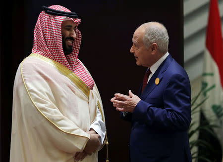 Saudi Arabia's Crown Prince Mohammed bin Salman talks with Secretary General of Arab League, Ahmed Aboul Gheit, ahead of the 29th Arab Summit in Dhahran, Saudi Arabia April 15, 2018. REUTERS/Hamad I Mohammed