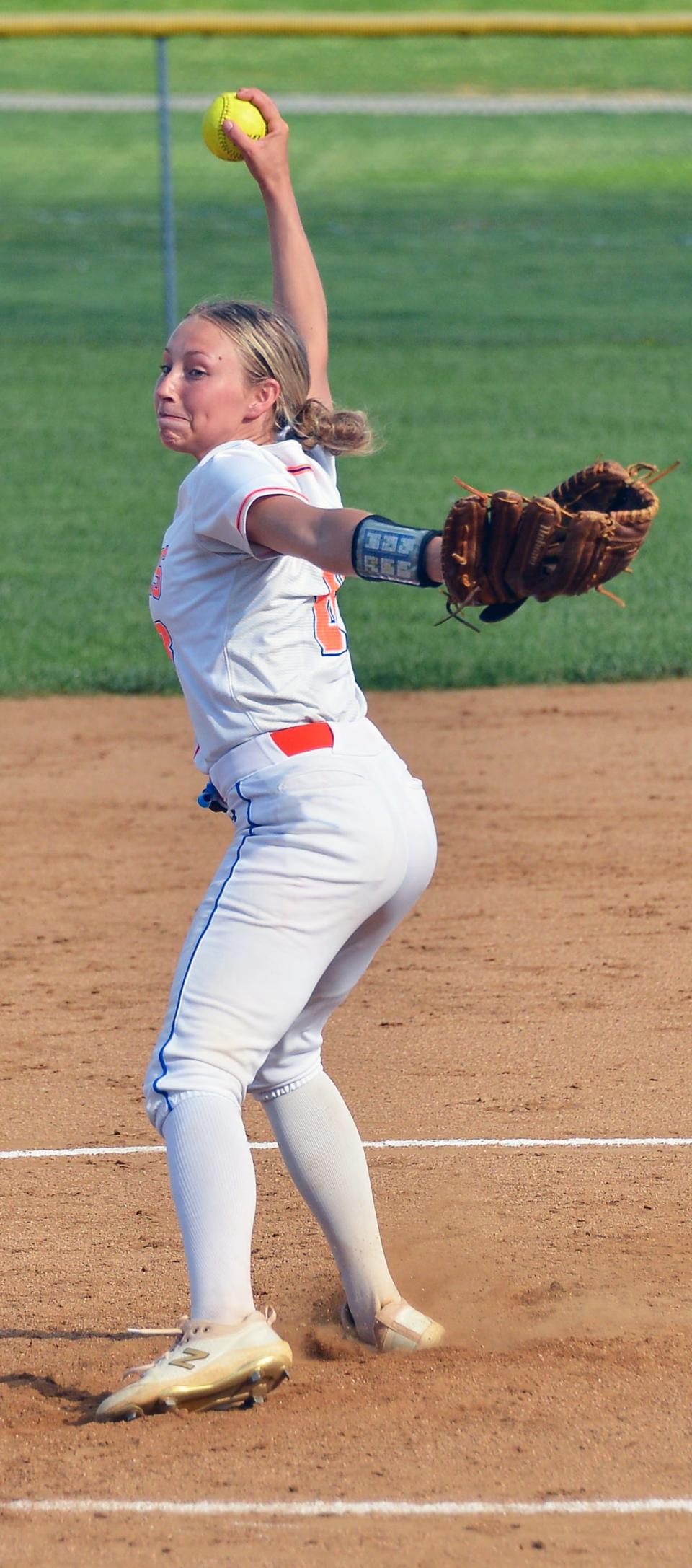 Boonsboro pitcher Maddy Taylor delivers a pitch during the third inning of the Warriors' 17-0 win over Brunswick on Thursday in the Class 1A West Region II quarterfinals. Taylor struck out 13 in the five-inning victory.