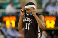 GREENSBORO, NC - MARCH 18: Mackey McKnight #11 of the Lehigh Mountain Hawks reacts in the second half while taking on the Xavier Musketeers during the third round of the 2012 NCAA Men's Basketball Tournament at Greensboro Coliseum on March 18, 2012 in Greensboro, North Carolina. (Photo by Streeter Lecka/Getty Images)