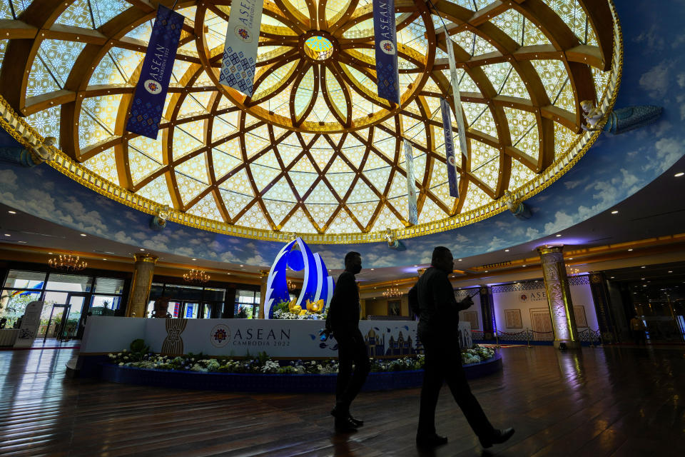 Security personnel patrol the ASEAN summit venue in Phnom Penh, Cambodia, Wednesday, Nov. 9, 2022. Southeast Asian leaders convene in the Cambodian capital Thursday, faced with the challenge of trying to curtail escalating violence in Myanmar while the country's military-led government shows no signs of complying with the group's peace plan. (AP Photo/Anupam Nath)