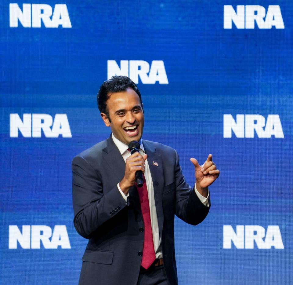 Vivek Ramaswamy, a businessman born in Cincinnati to Indian immigrant parents, addresses the NRA convention on April 14, 2023, in Indianapolis.