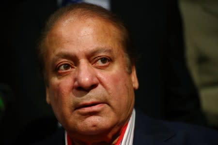 Ousted Prime Minister of Pakistan, Nawaz Sharif, speaks during a news conference at a hotel in London