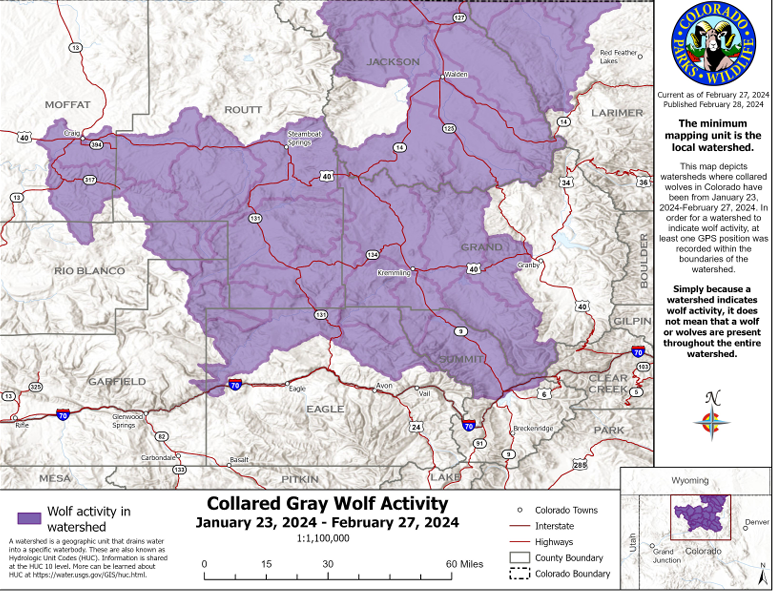 This map shows where 12 collared wolves have been between Jan. 23 and Feb. 27. Colorado Parks and Wildlife continues to track two wolves that have made their way into Moffatt and Routt counties.(Map: Colorado Parks and Wildlife)