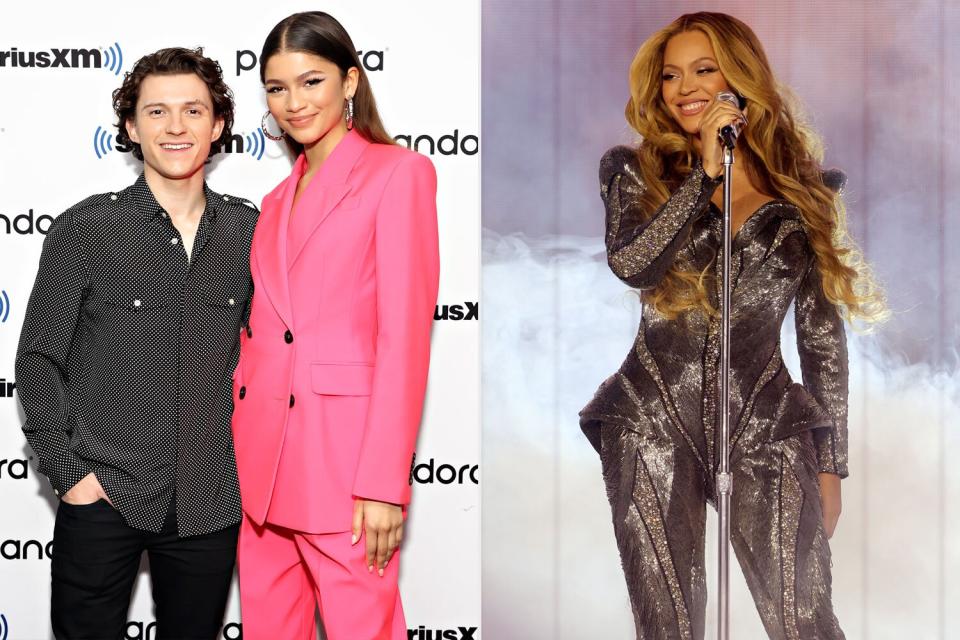 NEW YORK, NEW YORK - DECEMBER 10: Tom Holland and Zendaya attend SiriusXM's Town Hall with the cast of Spider-Man: No Way Home on December 10, 2021 in New York City. (Photo by Cindy Ord/Getty Images for SiriusXM); STOCKHOLM, SWEDEN - MAY 10: (Editorial Use Only) (Exclusive Coverage) Beyoncé performs onstage during the opening night of the “RENAISSANCE WORLD TOUR” at Friends Arena on May 10, 2023 in Stockholm, Sweden. (Photo by Kevin Mazur/Getty Images for Parkwood)