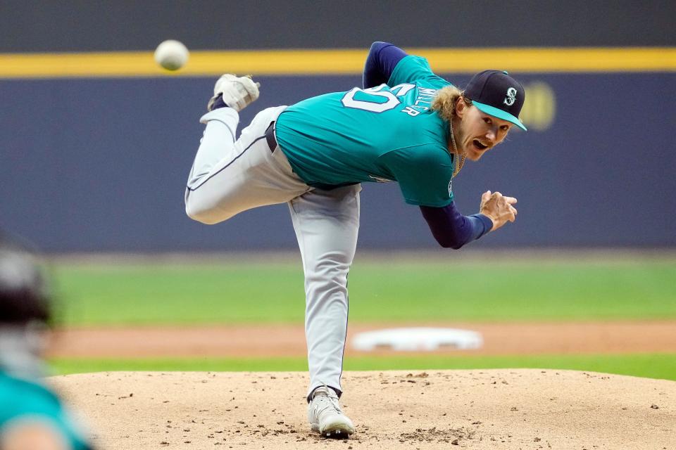 Mariners pitcher Bryce Miller dominated the Brewers hitters for seven scoreless innings Saturday night.