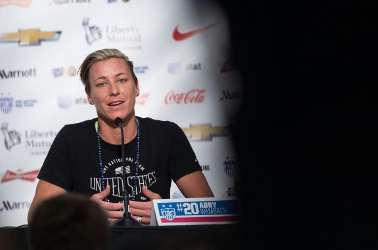 US forward Abby Wambach speaks at a press conference in Vancouver on July 3, 2015, two days before the 2015 FIFA Women's World Cup final against Japan