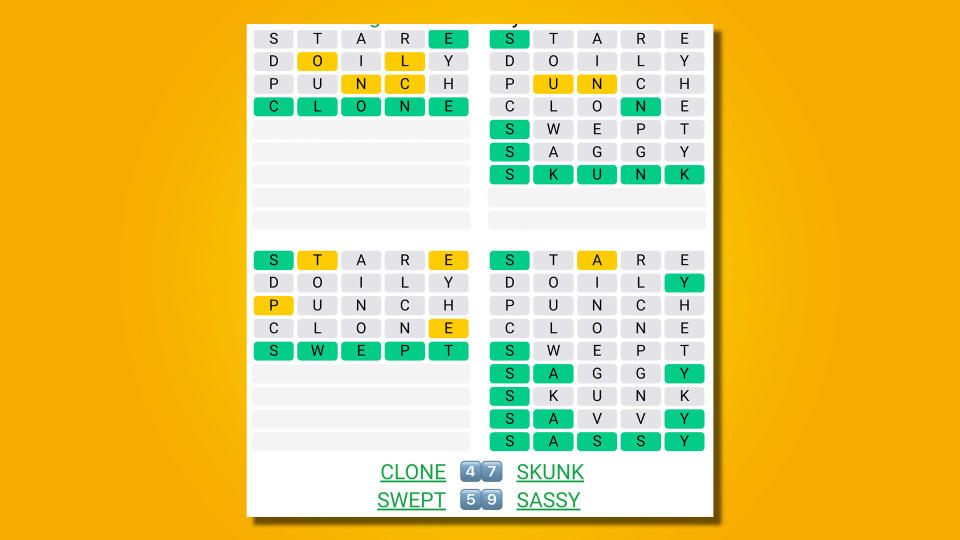 Quordle answers for game 475 on a yellow background