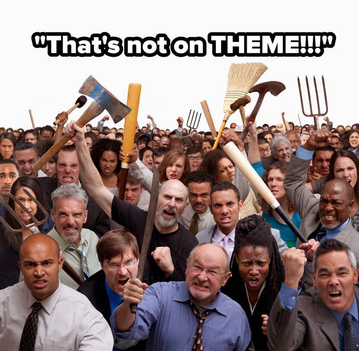 A diverse crowd of animated people holding tools like brooms and pitchforks, expressing strong emotions
