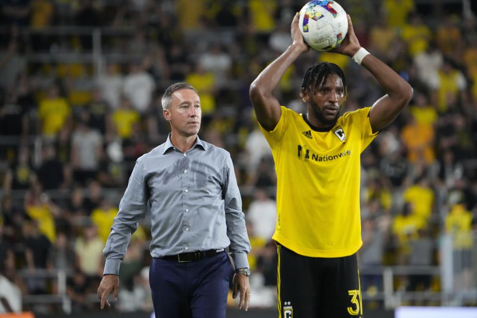 Crew coach Caleb Porter watches as defender Steven Moreira takes a throw-in against New York City FC on Aug. 6. The Crew are six points out of the fourth playoff spot that would give them a home playoff game.