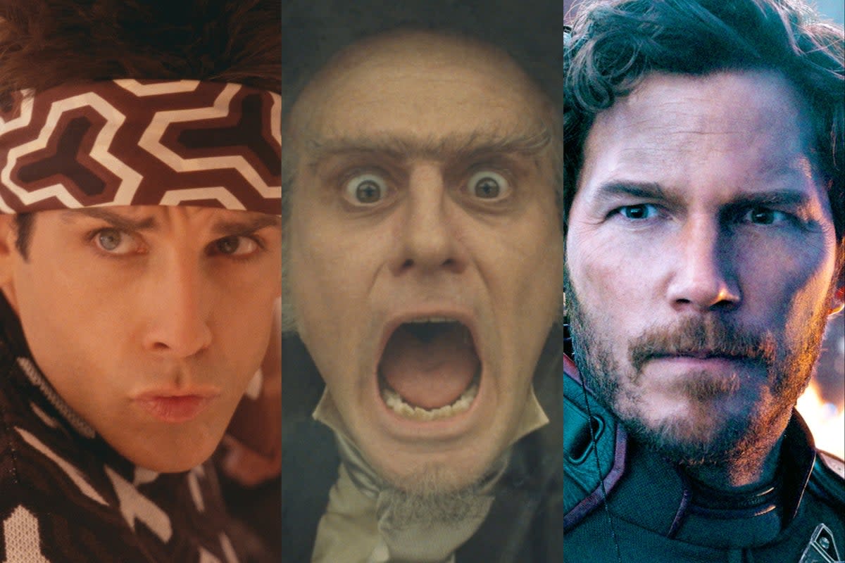 Ben Stiller in ‘Zoolander’, Jim Carrey in ‘Lemony Snicket’s A Series of Unfortunate Events’, and Chris Pratt in ‘Guardians of the Galaxy' (Paramount/Marvel Studios)