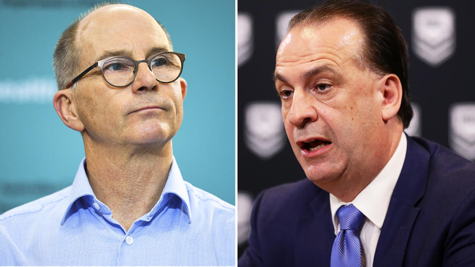 Deputy Chief Medical Officer Paul Kelly says the NRL's plans to restart in May could compromise gains made through social distancing, but ARLC chair Peter V'landys says the league already has written permission from the NSW state government. Pictures: AAP/Getty Images