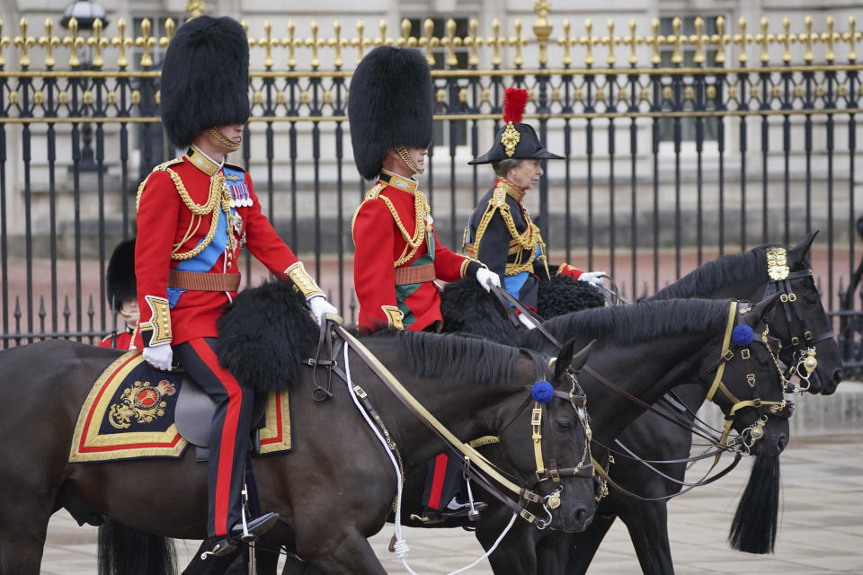 Britain's Prince William, left, Prince Edward and Princess Anne during the Trooping the Color ceremony at Horse Guards Parade, London, Saturday, June 15, 2024. Trooping the Color is the King's Birthday Parade and one of the nation's most impressive and iconic annual events attended by almost every member of the Royal Family. (Jonathan Brady/PA via AP)