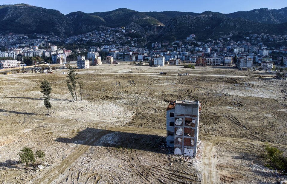 An aerial view shows the cleared rubble of buildings destroyed by the Feb. 2023 earthquake in the city of Antakya, southern Turkey, Tuesday, Feb. 6, 2024. (AP Photo/Metin Yoksu)