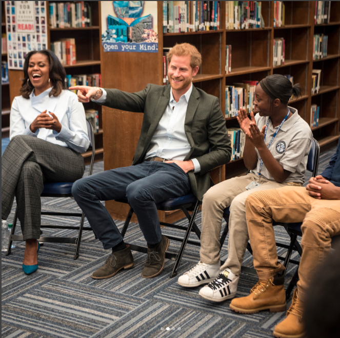 They surprised kids at at the Hyde Park Academy in the South Side of Chicago. Photo: Instagram/Christoper Dilts/The Obama Foundation