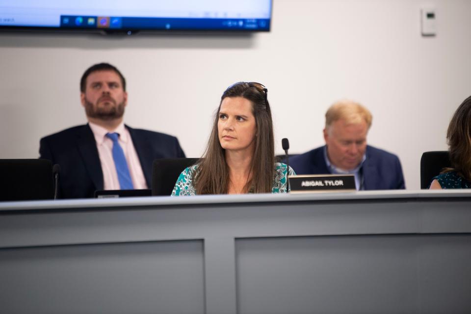 MNPS District 9 Abigail Tylor listens to the public's concern at a school board meeting at MNPS administration building in Nashville, Tenn., Tuesday, July 25, 2023.