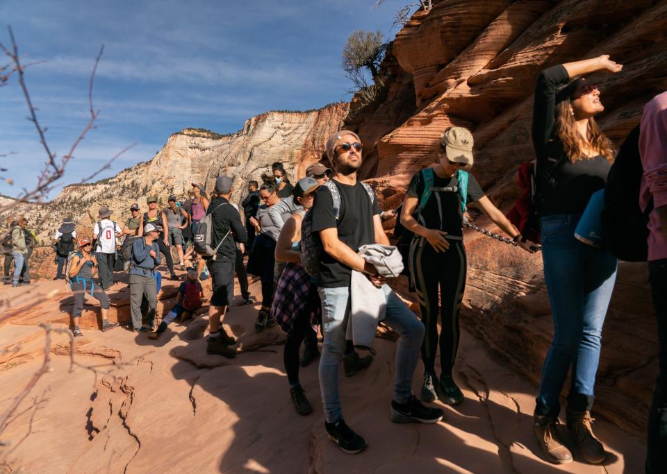 This is what the line for Angels Landing looked like in 2021, before Zion National Park began requiring permits for the popular hike in 2022.
