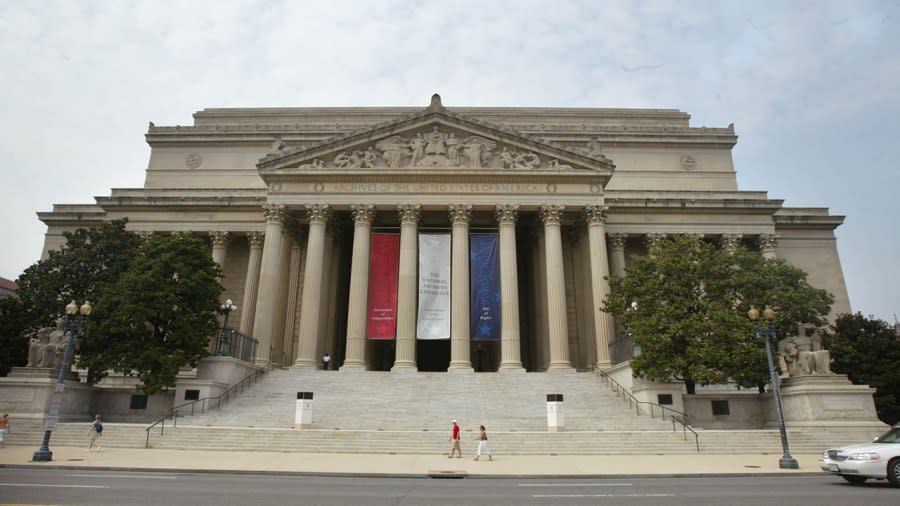 The National Archives building is shown July 22, 2004 in Washington, DC. (Photo by Mark Wilson/Getty Images)