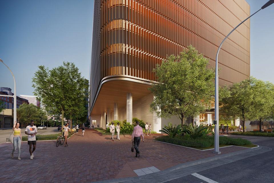 An artist's rendering shows a ground-floor view of Wilson Tower. The estimated groundbreaking is in the summer of 2023, the company said, after demolition of the Avenue Lofts.