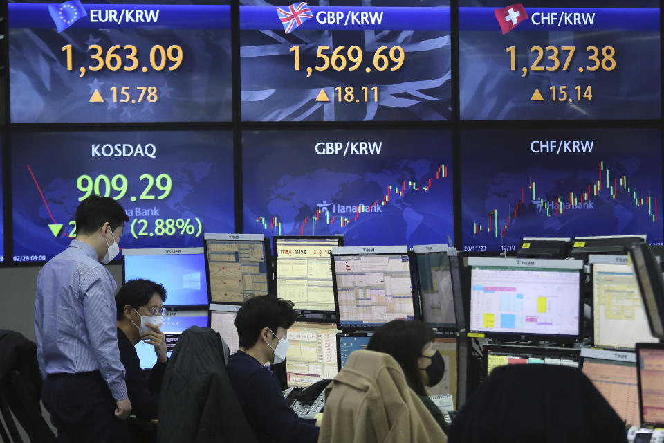 Currency traders watches monitors at the foreign exchange dealing room of the KEB Hana Bank headquarters in Seoul, South Korea, Friday, Feb. 26, 2021. Asian shares skidded Friday after rising bond yields triggered a broad sell-off on Wall Street that erased the markets gain for the week and handed the Nasdaq composite index its steepest loss since October. (AP Photo/Ahn Young-joon)