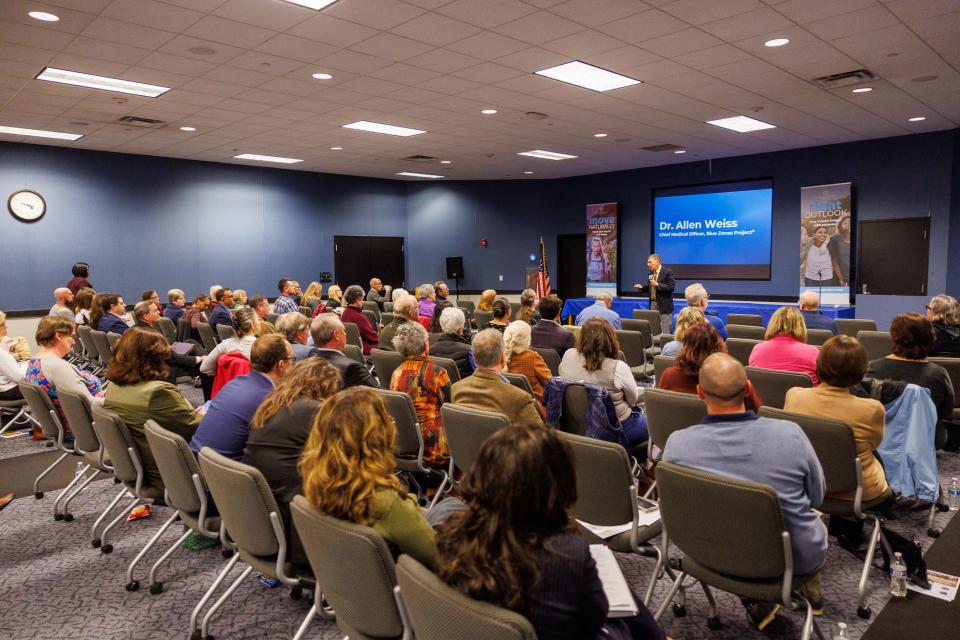 Dr. Allen Weiss, Chief Medical Officer of the Blue Zones Project, during a Blue Zones presentation at the Guthrie Memorial Library, Thursday, March 7, 2024, in Hanover Borough.