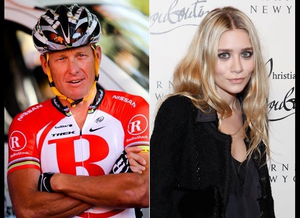 In 2007, then 21-year-old Olsen was spotted<a href="http://www.huffingtonpost.com/2007/10/31/lance-armstrong-and-ashle_n_70525.html" target="_hplink"> making out with Armstrong</a>, 15 years her senior, at Rose Bar in New York. Yeah, we don't really get it either.  