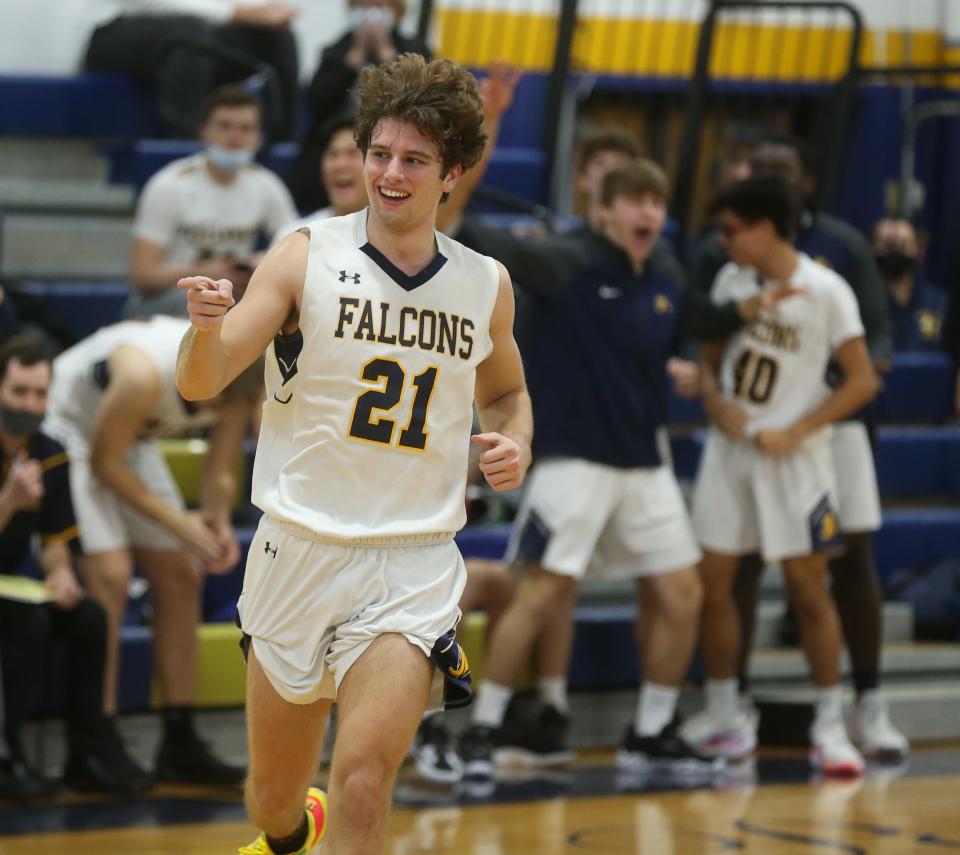 The Jefferson bench erupts after Jayson Eisele hit a three point shot late in the second half as Jefferson defeated Montville 56-50 in a dramatic fourth quarter comeback in the Blue & Gold Tournament played at Pequannock on December 27, 2021.