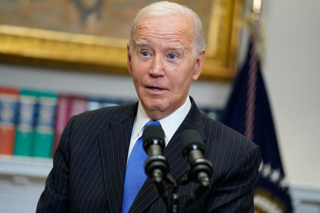 President Joe Biden responds to questions from reporters after speaking about the September jobs report in the Roosevelt Room of the White House, Friday, Oct. 6, 2023, in Washington.