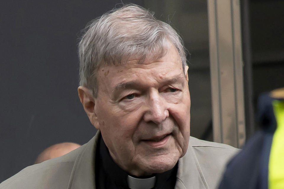 FILE - In this Feb. 26, 2019, file photo, Cardinal George Pell arrives at the County Court in Melbourne, Australia. Pell’s appeal against his convictions for child molestation was largely a question of who should the jury have believed, his accuser or a senior priest whose church role was likened to Pell’s bodyguard. Pell’s accuser was a 13-year-old choirboy when he alleged he was abused by then Melbourne Archbishop Pell at St. Patrick’s Cathedral in December 1996 and February 1997. The appeal court will give their verdict on Aug. 21. (AP Photo/Andy Brownbill, File)
