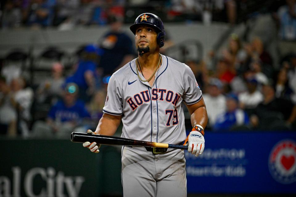 Astros first baseman Jose Abreu reacts after striking out.