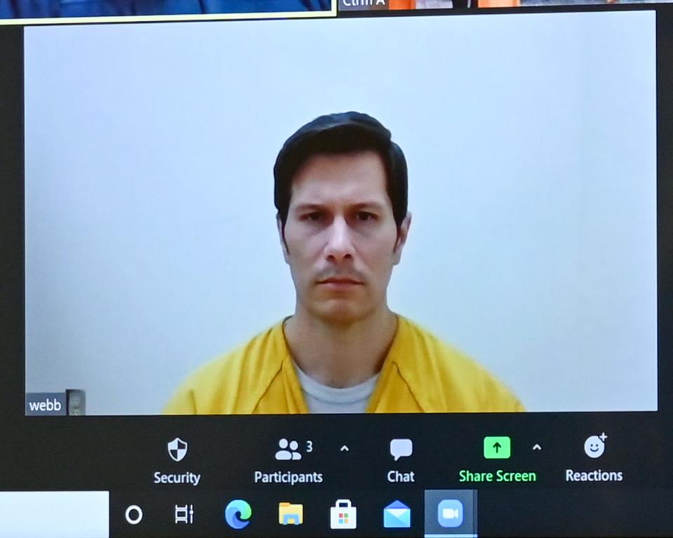 In this detail of a video conference screen, Duke Webb, accused of a January shooting that killed three and injured three, is arraigned at Winnebago County Justice Center on Friday, Feb. 19, 2021, in Rockford, Ill.