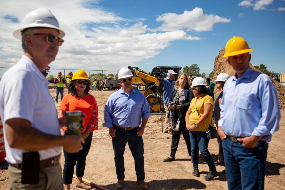 U.S. Sens. Martin Heinrich, right, and Ben Ray Lujan, center, both D-N.M., meet with officials from the U.S. Department of Agriculture Rural Development and members of the Lower Rio Grande Public Water Works Authority at Lower Rio Grande Public Water Works Authority in Berino, N.M., on Tuesday, Aug. 16, 2022.