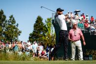 <p>Steph Curry tees off for the first round of of the 2019 American Century Championship at Edgewood Tahoe Golf Course.</p>