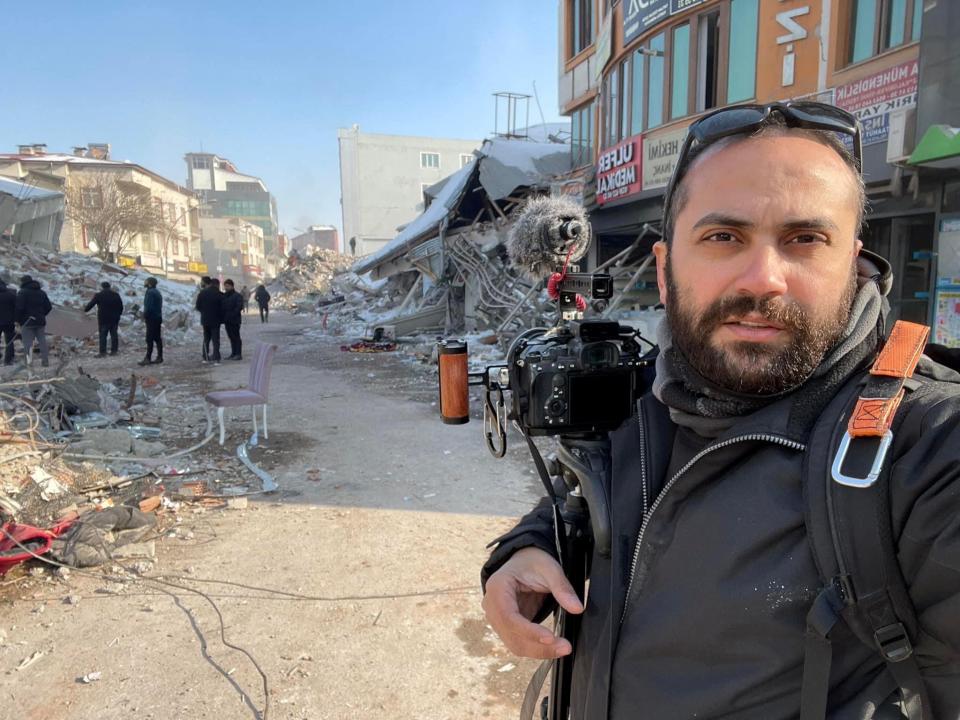 Reuters' journalist Issam Abdallah takes a selfie picture while working in Maras, Turkey, February 11, 2023.