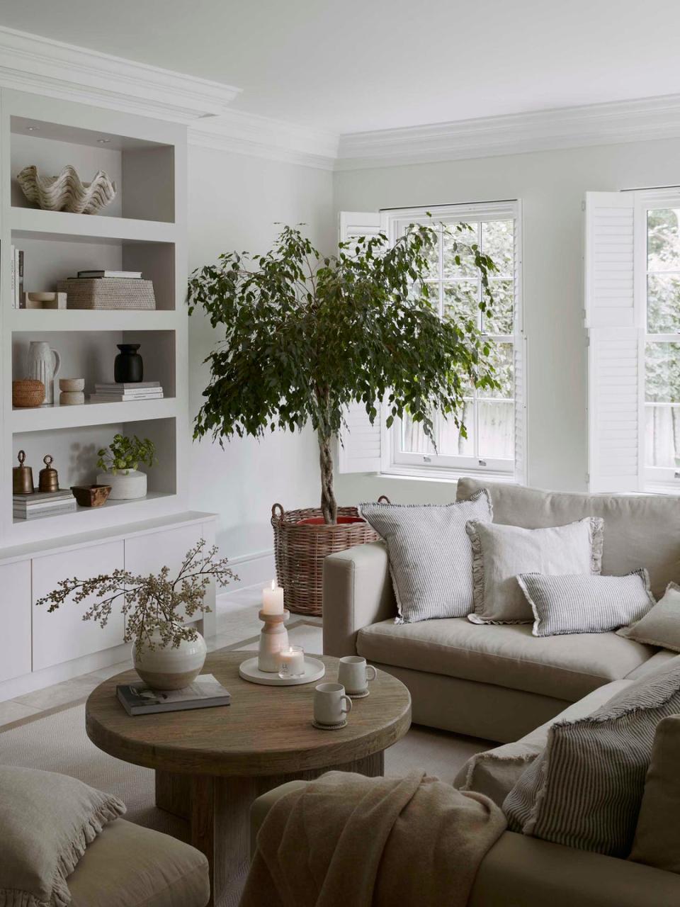 neutral living room styled with coffee table