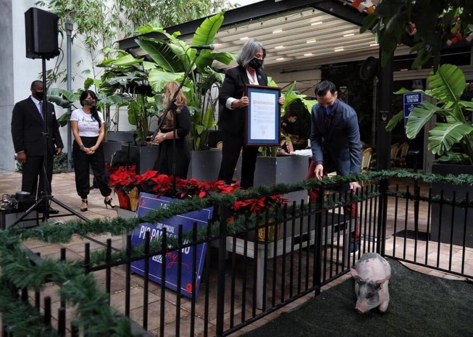 Miami-Dade County Mayor Daniella Levine Cava during the 3rd annual pig pardoning ceremony at the Latin Cafe in Brickell on Monday, December 21, 2020.